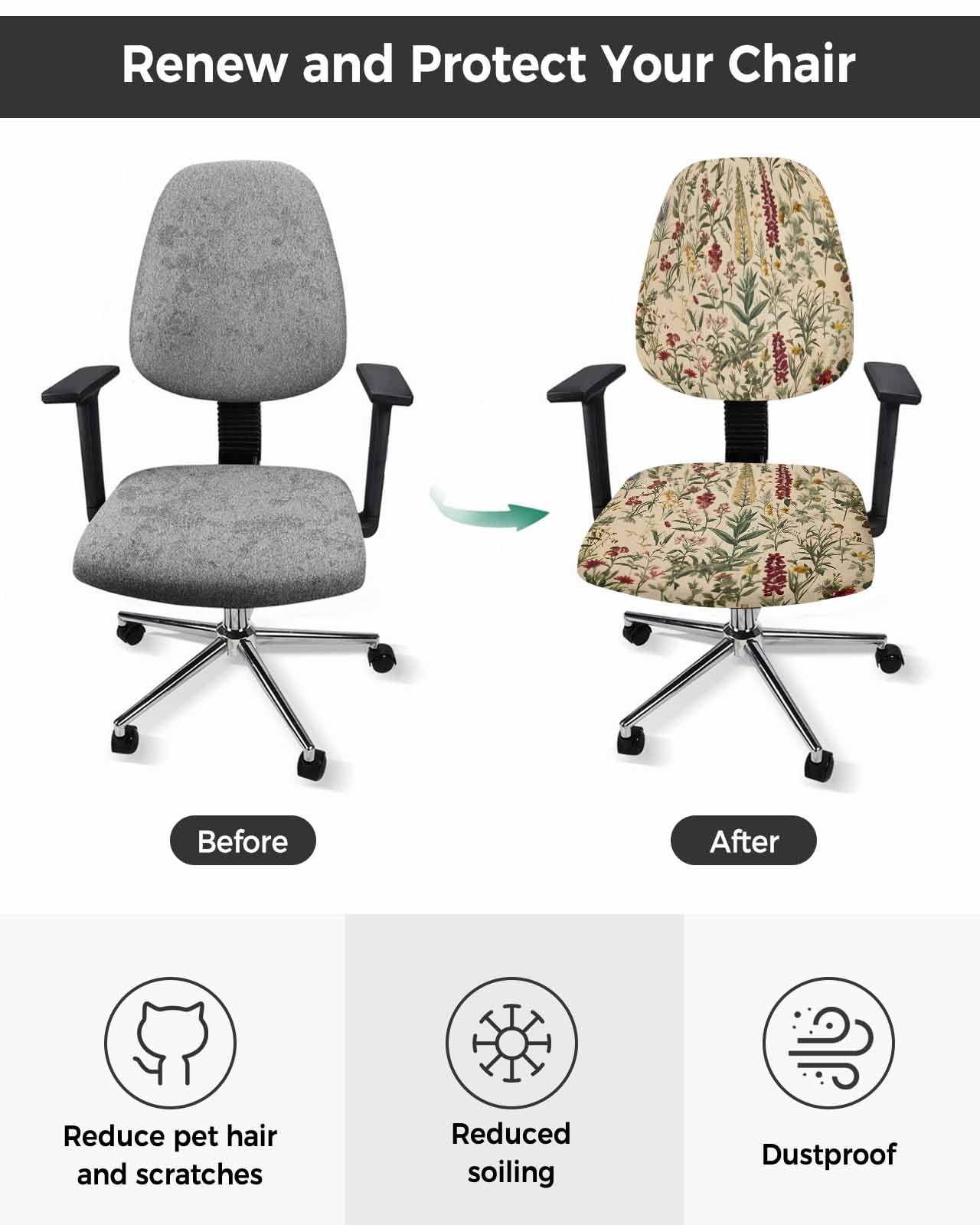 Farmhouse Flowers 2 Pieces Computer Office Chair Covers Set,Stretchable Desk Rotating Chair Seat Cushion Slipcover Back Covers,Retro Botanical Floral Herbs Plants Slipcover Back Cover,Protectors Cover