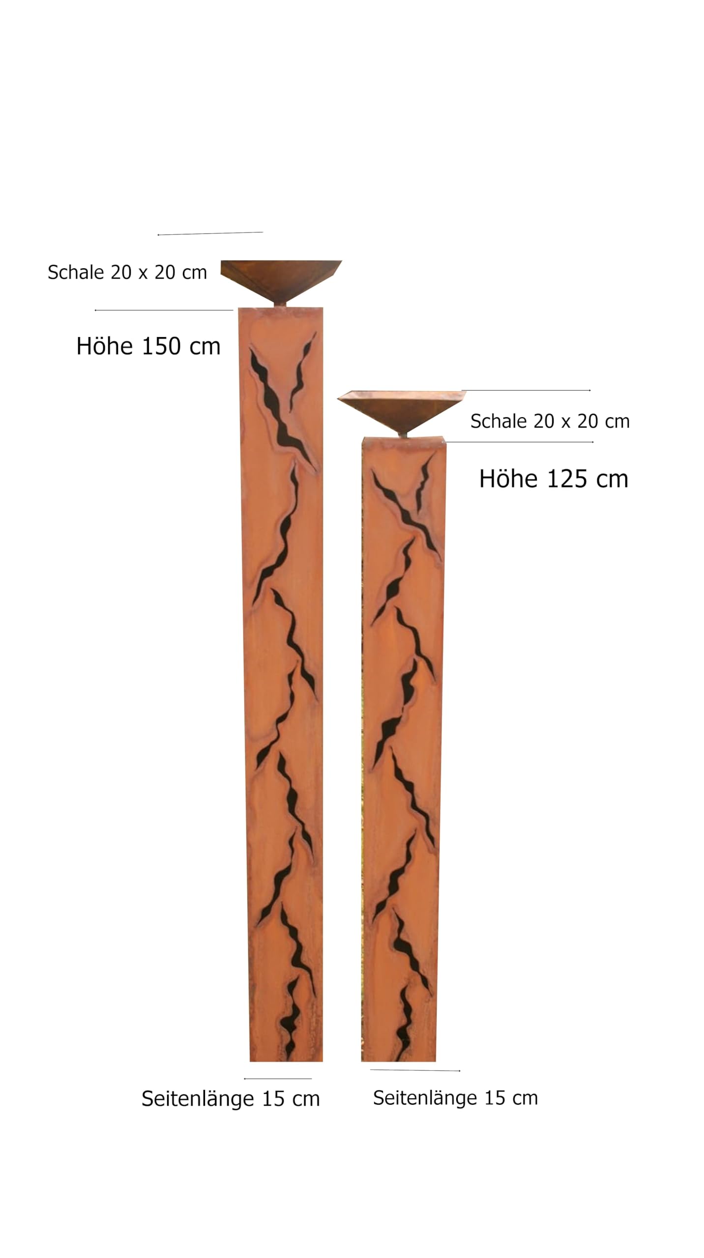 Gartendeko Rostsäulen 2er, 150/125 cm, mit Schalen, Vogeltränke. Handgemachtes Metall Rost Säulen Paar, aus Edelrost. Als schöne Dekoration für draußen.