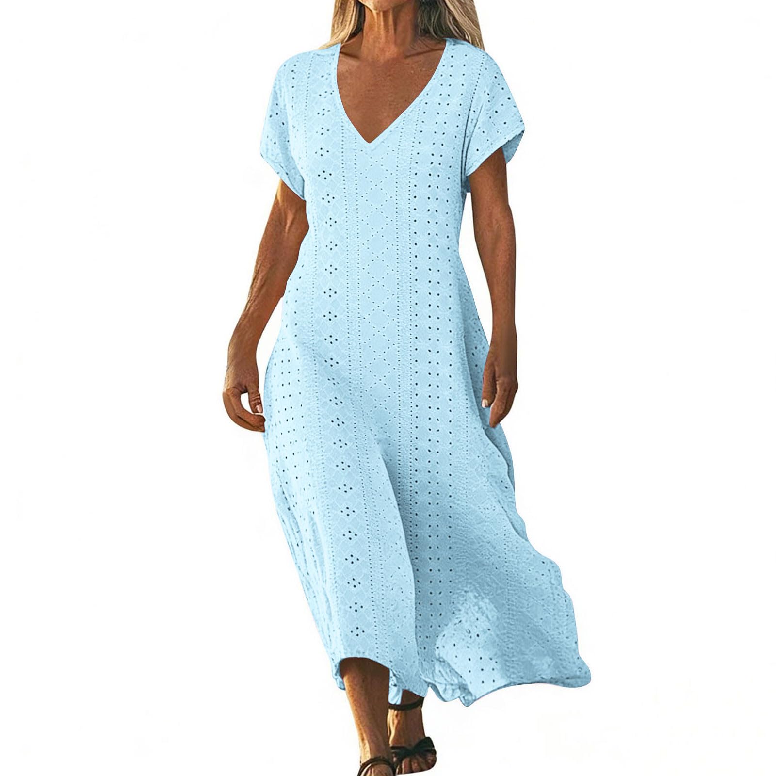 Frostluinai Eyelet Dresses for Women Summer Short Sleeve V Neck Maxi Dress Loose Comfy Flowy Swing Beach Sundress - 2