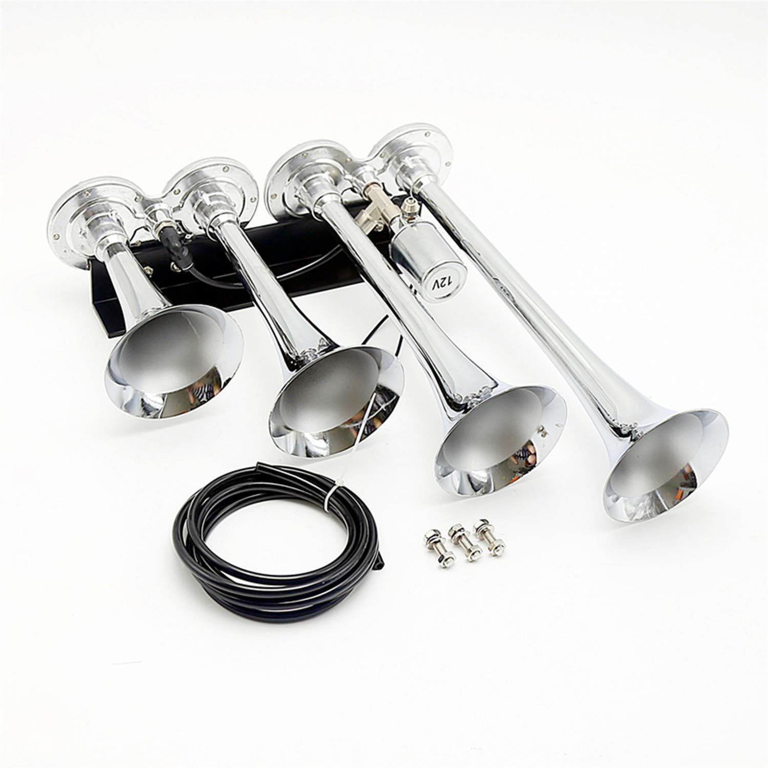 auto Avvisatore acustico per clacson a solenoide Tromba d'aria Impermeabile Fischio a quattro tubi Argento 12V175DB La valvola elettromagnetica qualsiasi veicolo camion Treni Barche Lorrys Vans
