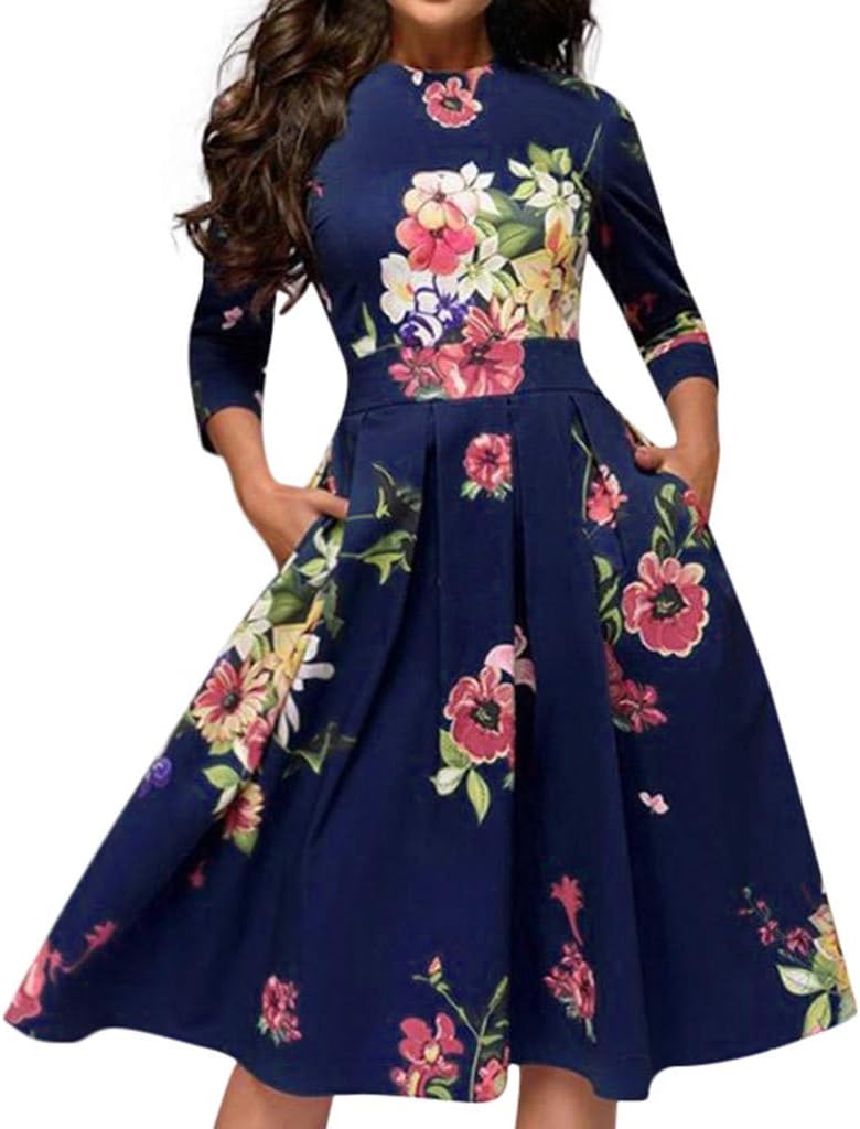 Botrong Dress for Women, Elegent A-line Vintage Printing Party Vestidos Dress Large Blue
