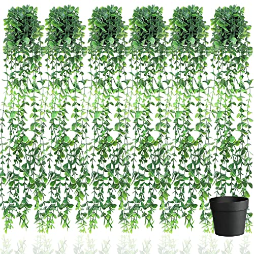 Giegxin 6 Stück künstliche Hängepflanzen kleine künstliche Hängepflanzen im Topf gefälschte Eukalyptus Topfpflanze Eukalyptus Rebe für Wand Zuhause Zimmer Indoor Outdoor Dekor Regal Cover