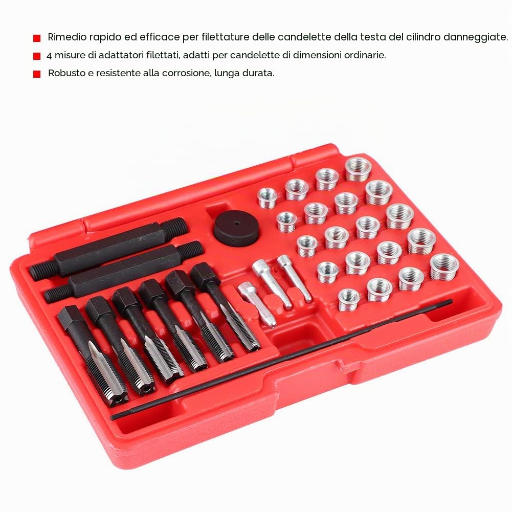 Kit di Riparazione della Filettatura delle Candelette 33 Pezzi, Kit di Riparazione della Filettatura delle Candele, Supporti di Riparazione, Inserto Filettato di