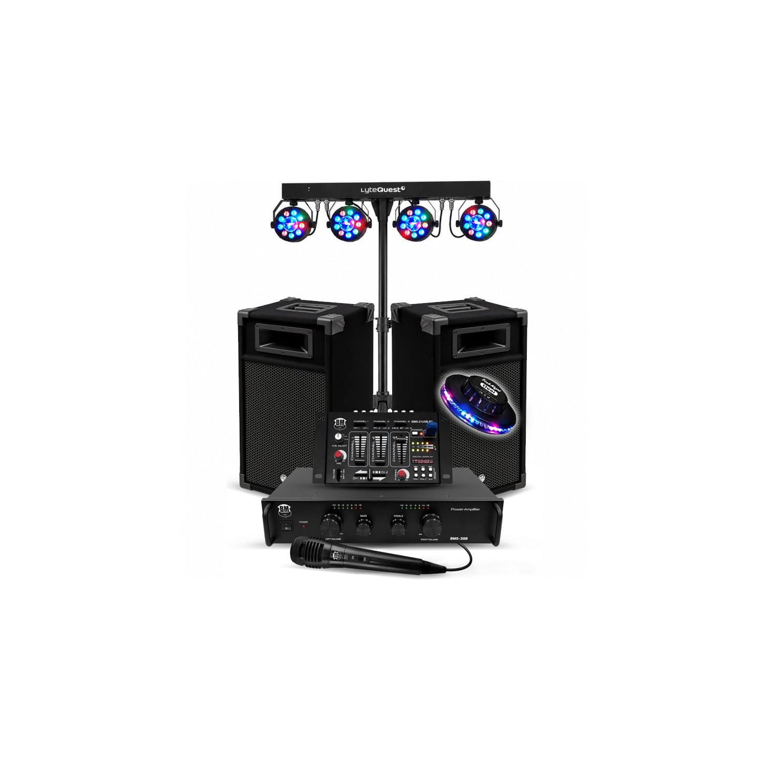 Pack sonorisation 50 100 Personnes Initiation DJ Enceintes Ampli Table de Mixage Bluetooth, Kit d'éclairage EOS + OVNI LED