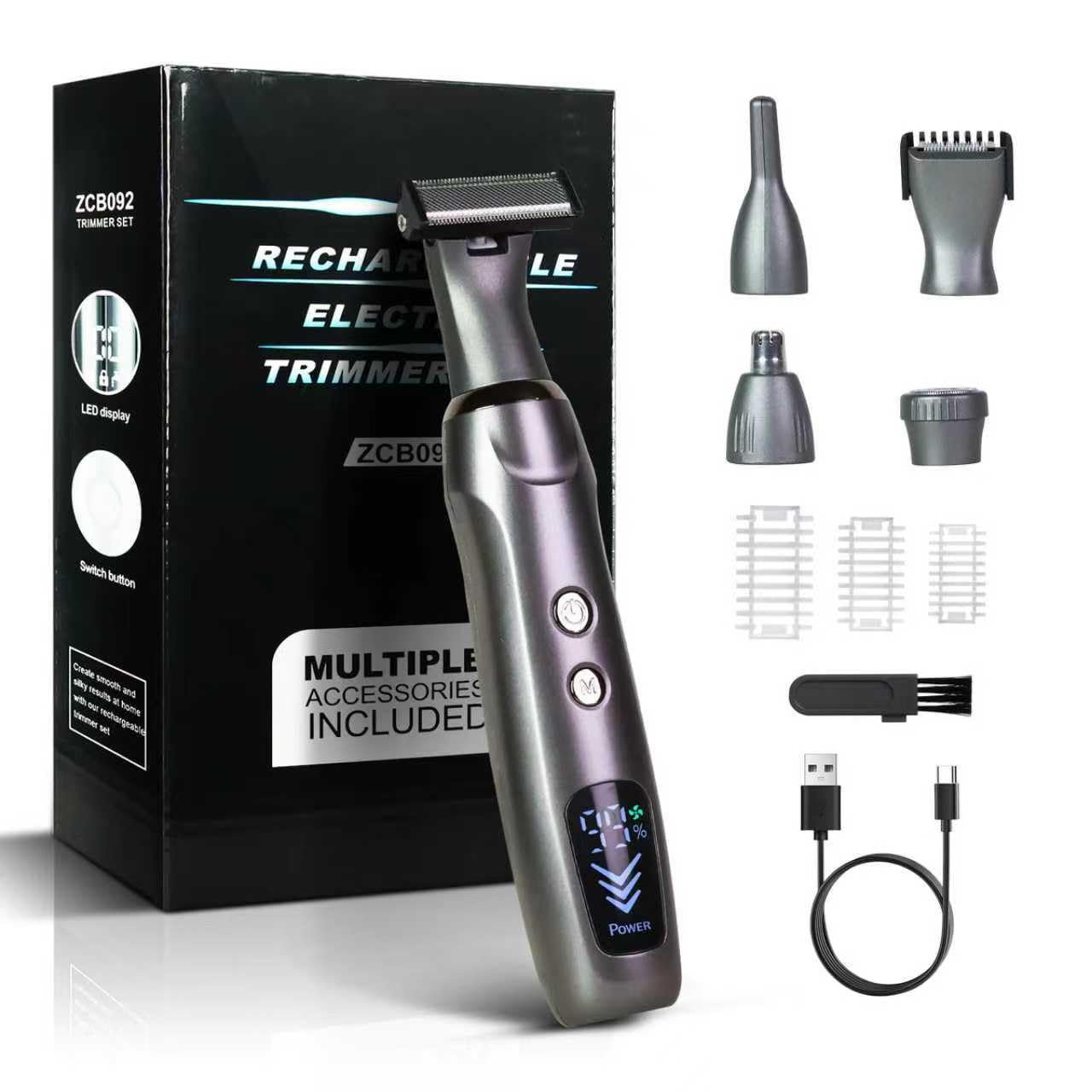 Afeitadora de espalda mejorada para hombre, pantalla LED, recargable, bloqueo de seguridad, IPX7, recortadora de espalda multifuncional para hombres, (tinta negra)