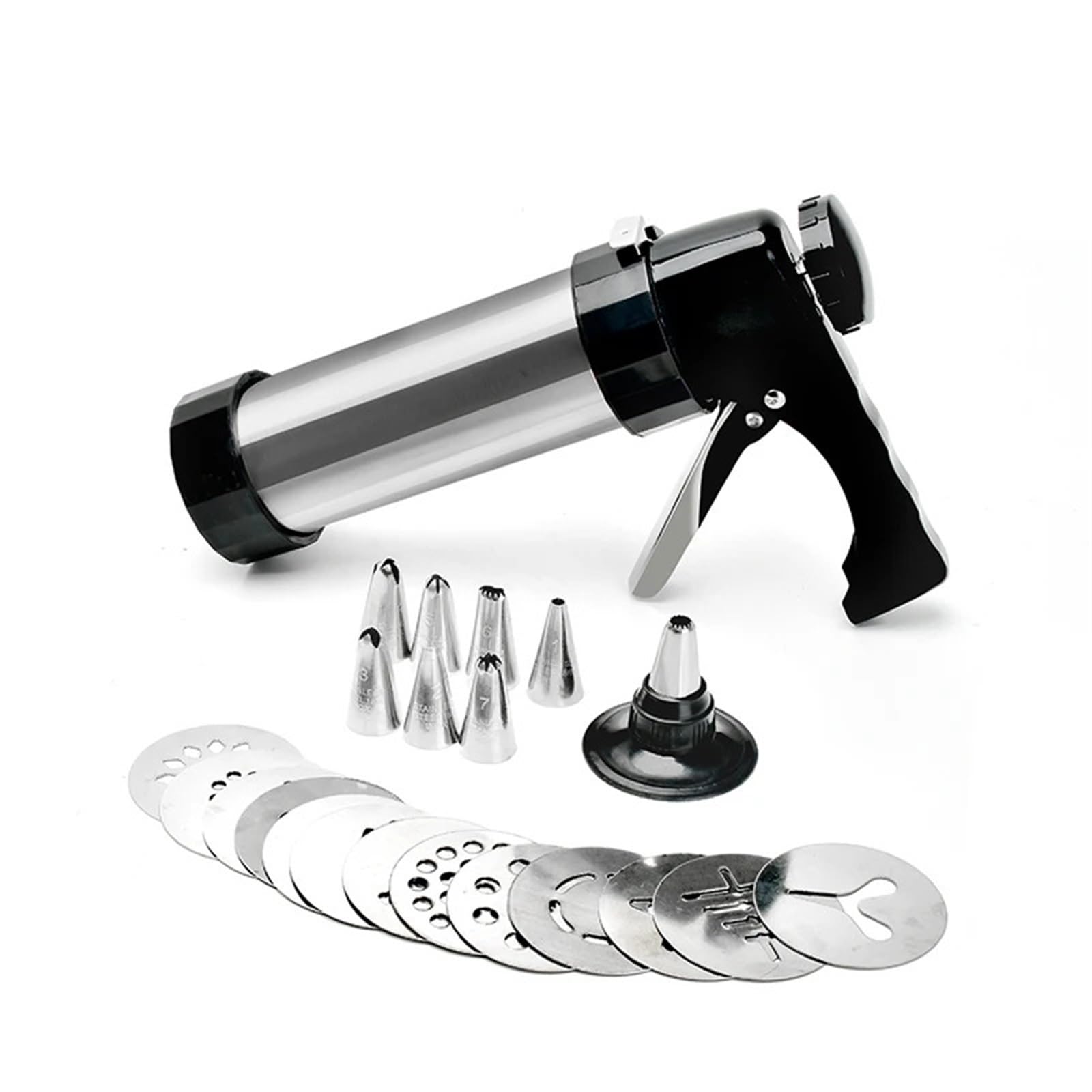 Garnierspritze Edelstahl Cookie Press Kit Machine Cookie Making Cake Decoration 13 Press Molds 8 Pastry Piping Nozzles Cookie Tool Biscuit Maker DIY Backzubehör(Light Grey)