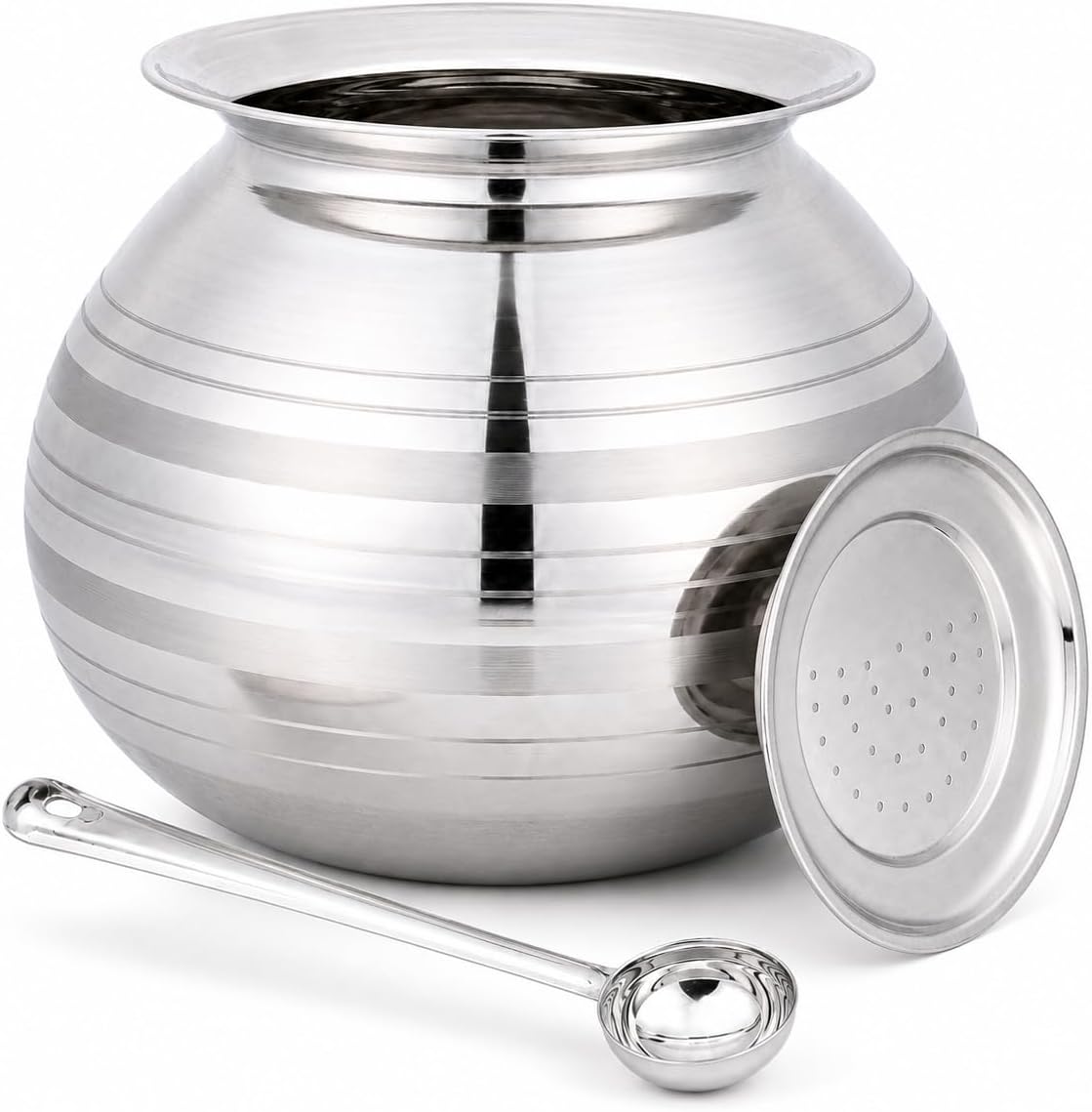 Subaa Stainless Steel Pongal Pot with Lid & Spoon, Traditional Rice Cooking Pot, Mirror Polished Handi for Indian Kitchen, Durable & Easy to Clean (5 L)
