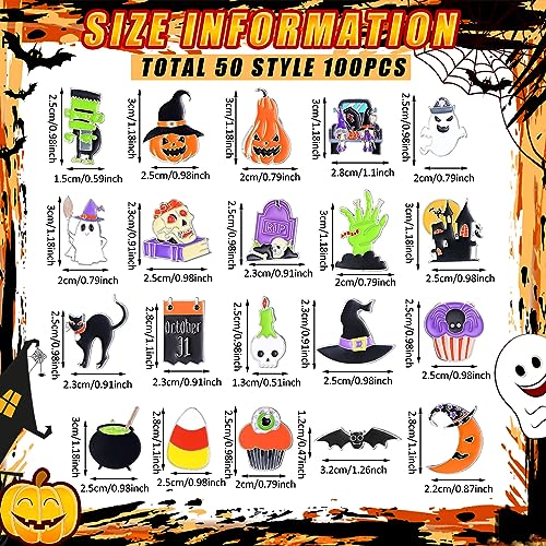 Ceenna 100 Pcs Halloween Enamel Pins Bulk Cute Cat Skull Ghost Skeleton Pumpkin Vampire Witch Bats Spider Lapel Pins Punk Horror Spooky Goth Brooches Halloween Accessories for Backpack Clothes Bags2