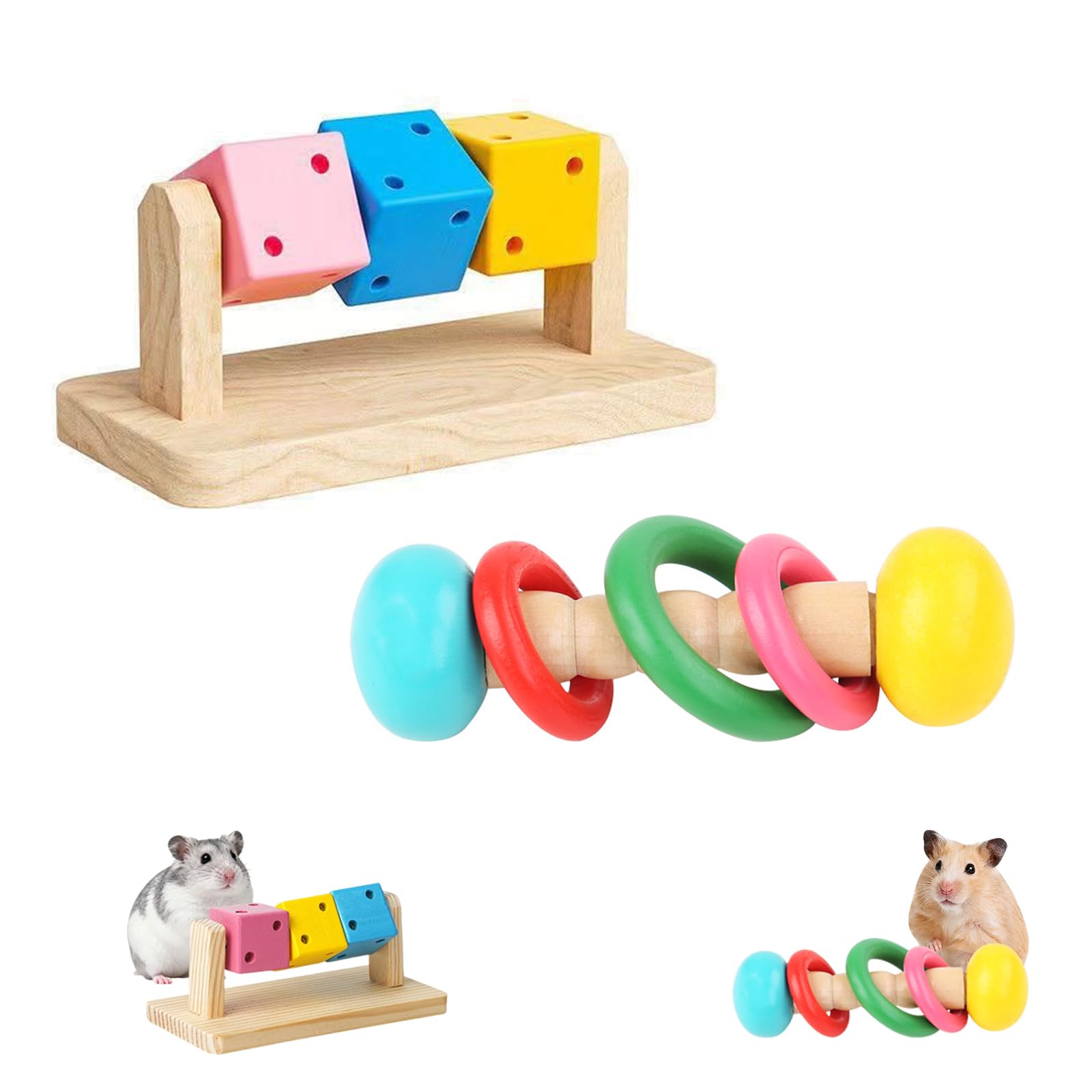 DiiWmme 2PCS Wooden Hamster Toys, Natural Chew Toys for Teeth Grinding, Safe Cage Accessories for Syrian Dwarf Hamsters, Gerbils, Chinchillas, Rabbits and Small Pets (Style B)
