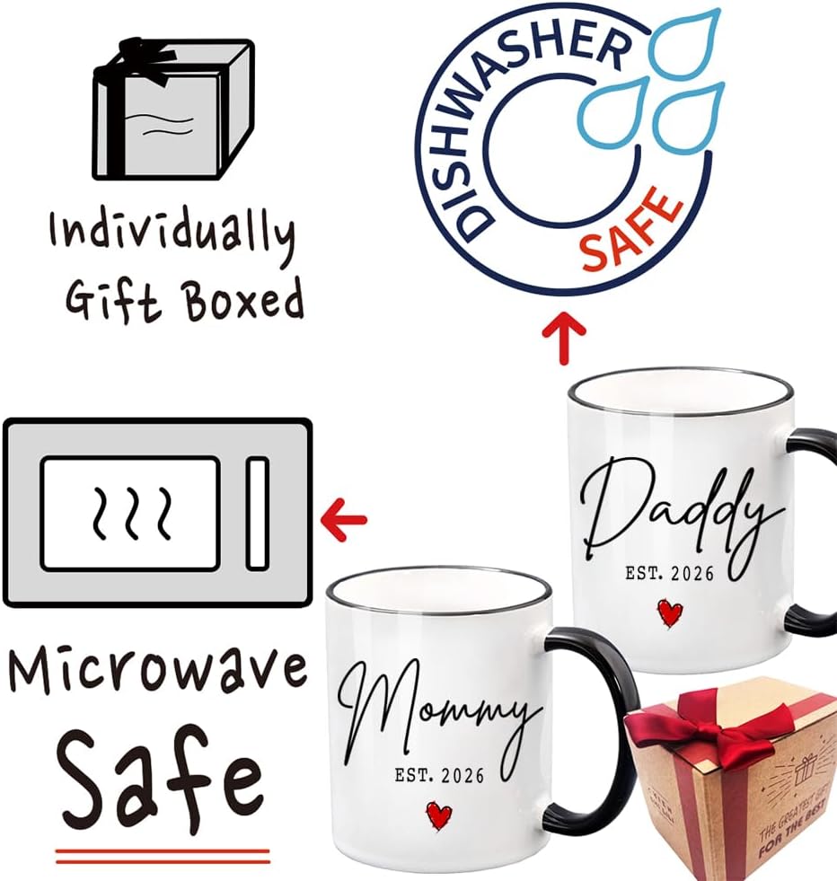 EST 2026 New Daddy Mommy Mugs Set Gift for New Parents, First Time Mommy Daddy Valentine Mug Gift, Pregnancy Announcement Baby Reveal Gifts, 2026 New Dad Mom Gifts for Parents to be