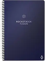 Rocketbook Caderno reutilizável Fusion Smart – calendário, listas de tarefas e páginas de modelo de notas com 1 caneta Pilot Frixion e 1 pano de microfibra incluído – capa azul meia-noite