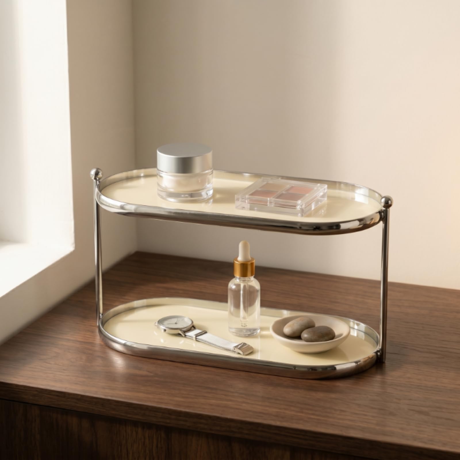 Estante de Almacenamiento de Dos Niveles Organizador de Cosméticos Joyas Maquillaje Perfumes Estantería Acrílica con Estructura Metálica Resistente, Beige, Style to 3