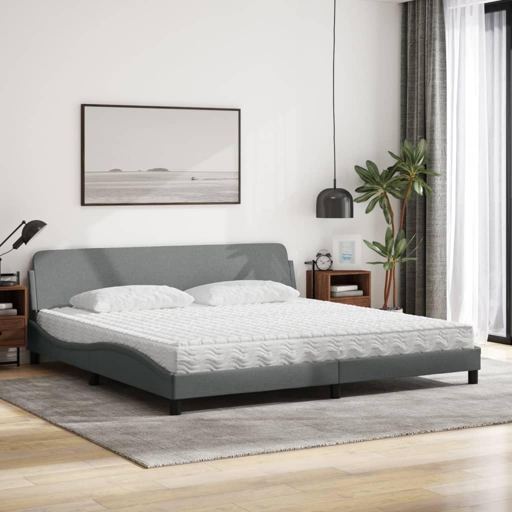 Dover Upholstered Platform Bed with Mattress, Light Gray Fabric 200 x 200 cm, nowoczesny design Wave Durable Metal & Solid Sosna Wood Frame, H2/H3 Foam Mattress Supportive Headboard