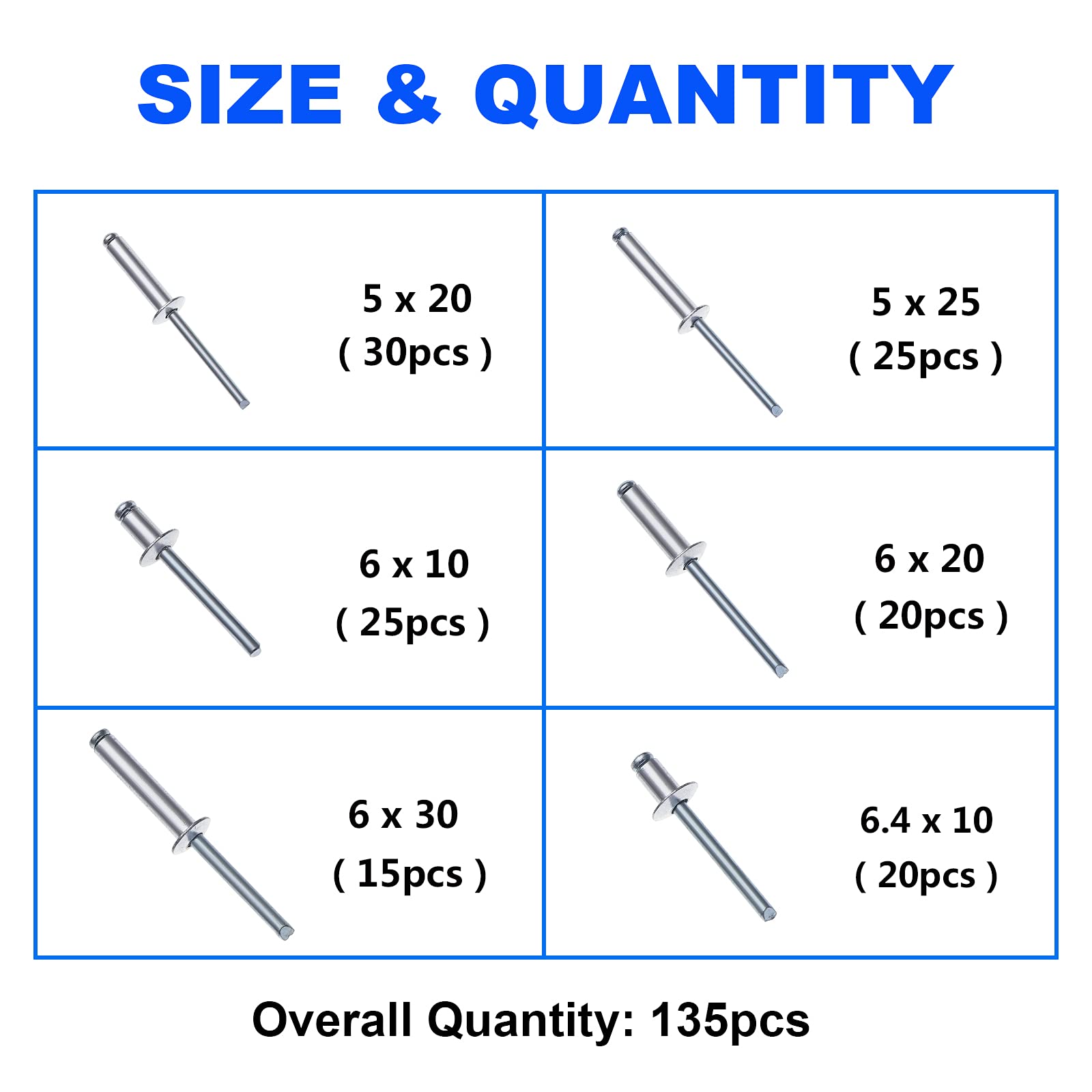 Gueenky 135 Pezzi Rivetti in Alluminio, 5/6/6,4 mm Rivetti pop Rivetti Ciechi, 6 Dimensioni Set di Rivetti a Strappo per Metallo Legno Plastica, con Scatola di Immagazzinaggio