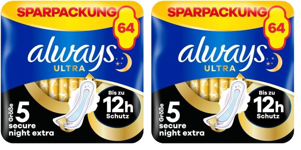 Always Ultra Serviettes Hygiéniques, Taille 5, Extra Secure Night, 64 Serviettes Avec Ailettes, Flux Très Abondants Nuit, Format Eco, Max Confort, Super Absorbantes et Ultra Fines (Lot de 2)