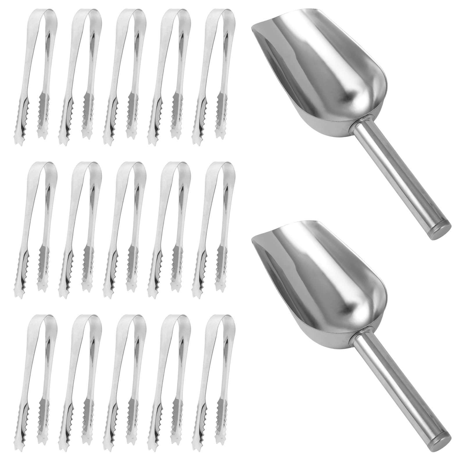 Edelstahl Eiszange Set, 15 Stück Zuckerzange und 3 Stück Eisschaufel, Zange Süßigkeiten, Eiswürfelzange, Candybar Servierzange, Küchenzange Bar Zubehör, für Hochzeit Party Bar Büfett Grill Picknick