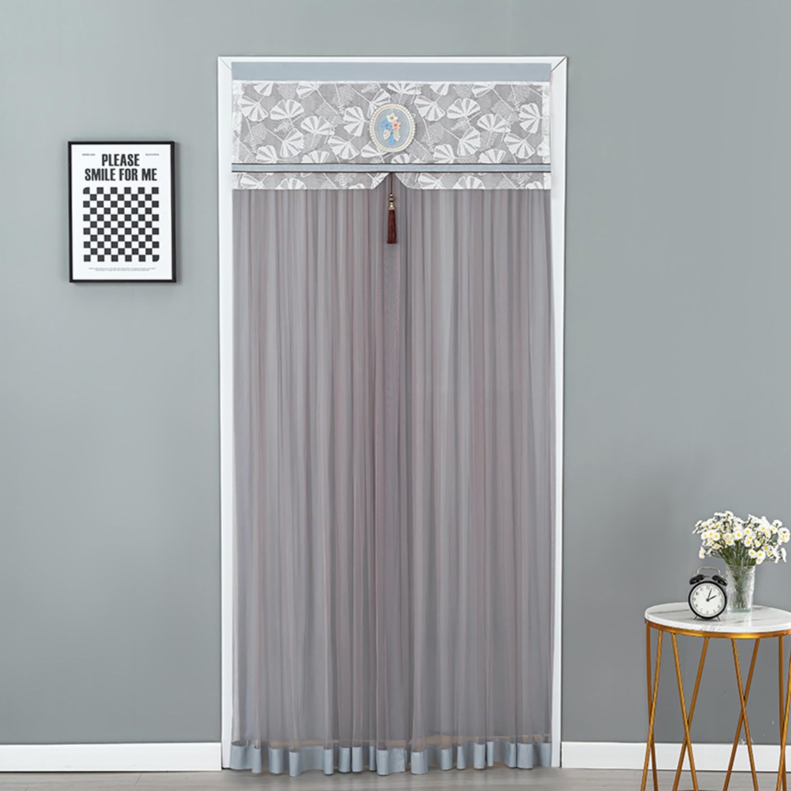 Rideaux de porte transparents en dentelle grise 90x190cm pour dressing et salon vintage