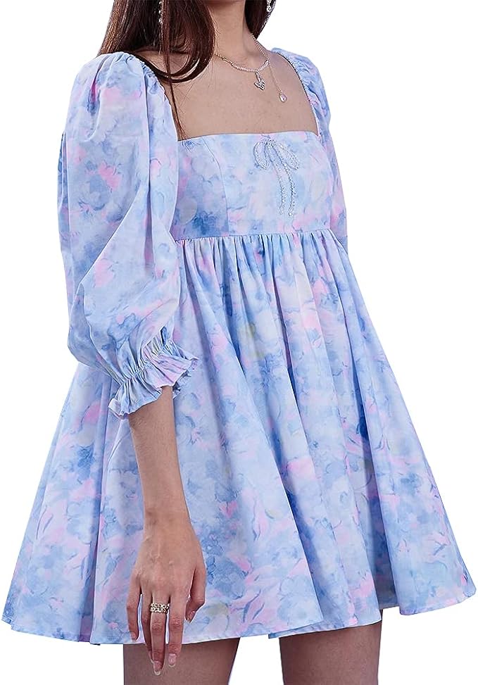 Watercolor Puff Sleeve Dress Pastel Floral Print Mini Bow Tie Dress at Amazon Womenâs Clothing store