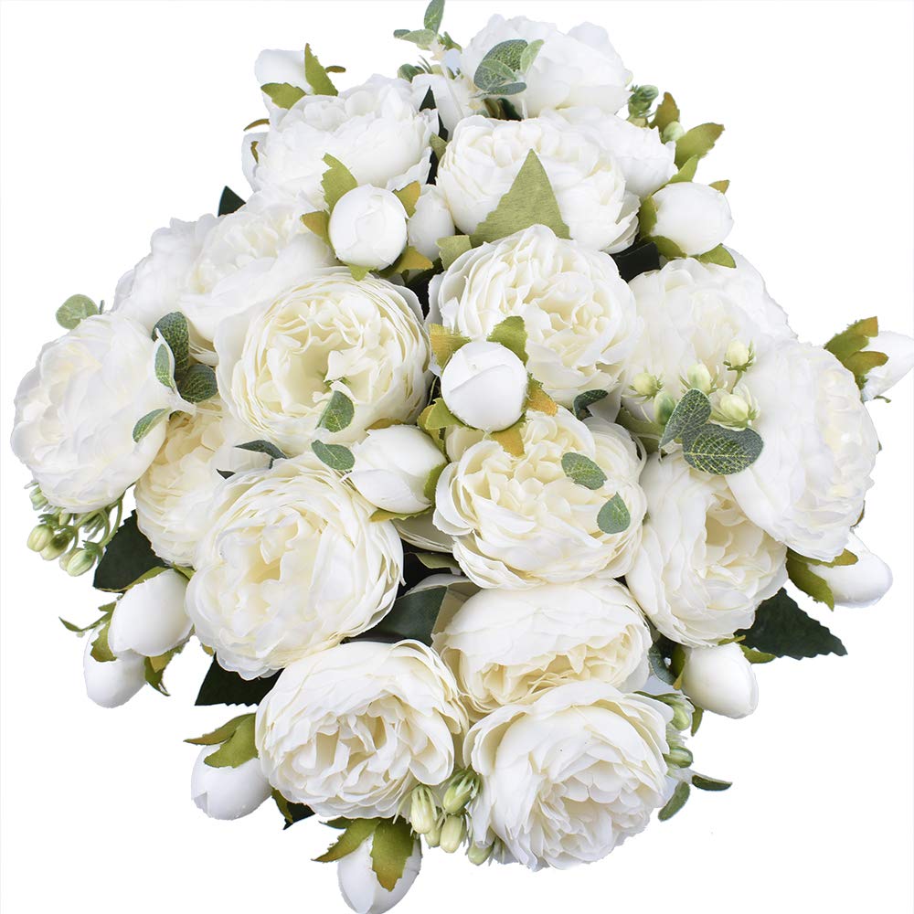 4Packs Artificial Peony Silk Flowers Fake Glorious Flower Bouquets for Wedding Party Bridal Home Decoration (White) image 1