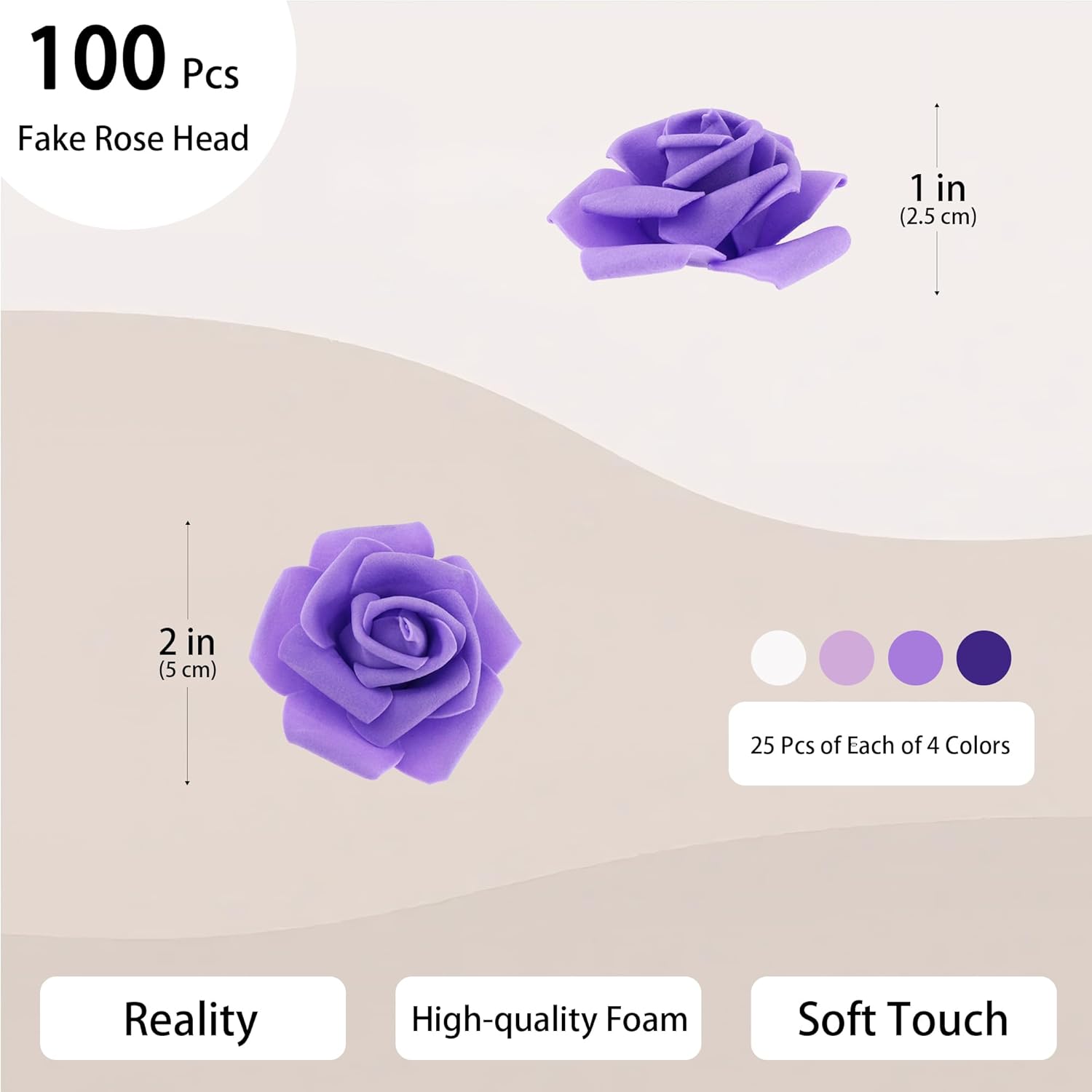 100 Pcs 2 Inch Artificial Flowers Faux Foam Fake Rose Head Bulk for Home Decor Wedding Decoration Bridal Shower Wall Table Centerpiece Arrangement DIY Craft (4 Shades of Purple White) - Image 2