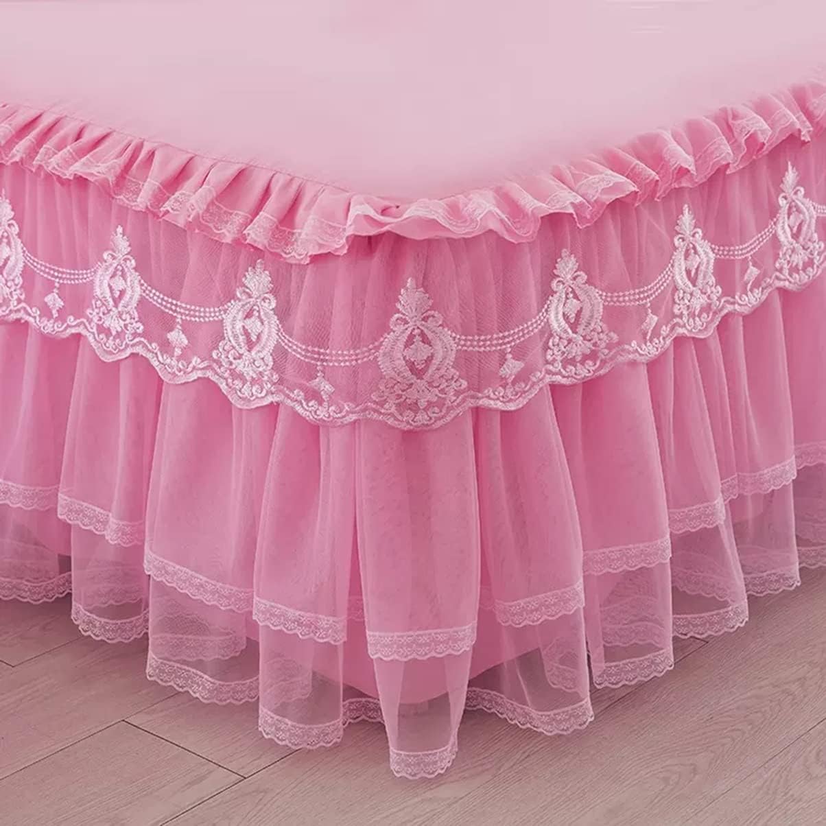 Lace Bed Skirt King Size Wrap Around Bed Skirt Sheet Set Leaf Ruffle Pleated Bedskirt for King Bed Decorative Bedspread with 2 Pillow Shams (Color : Pink, Size : 150x200cm)
