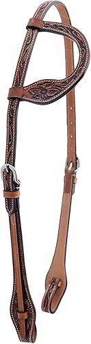Majestic Ally Caballo occidental Headstall Natural Super Leather Antique Tooling Western Headstall con función de cambio rápido de broca