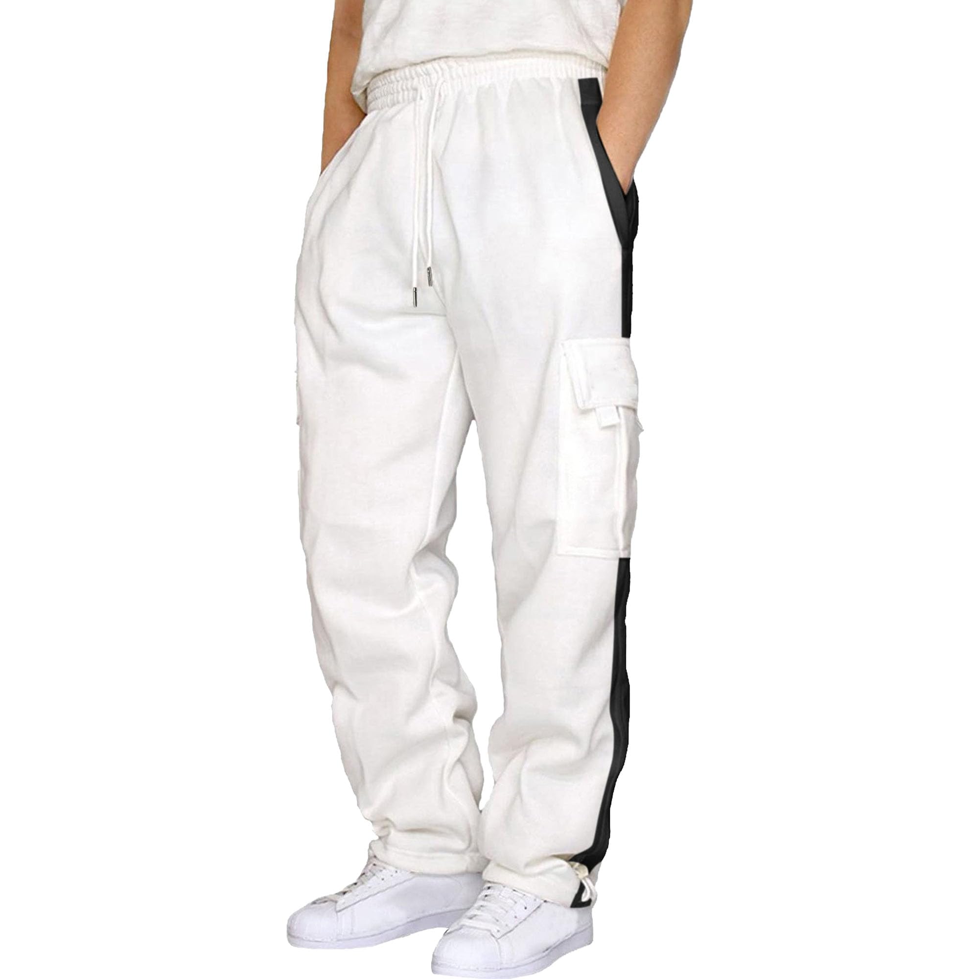 Men's Cargo Sweatpants Open Bottom Baggy Athletic Pants Casual Drawstring Bottom Sweat Pants with Pockets (White5,X-Large)