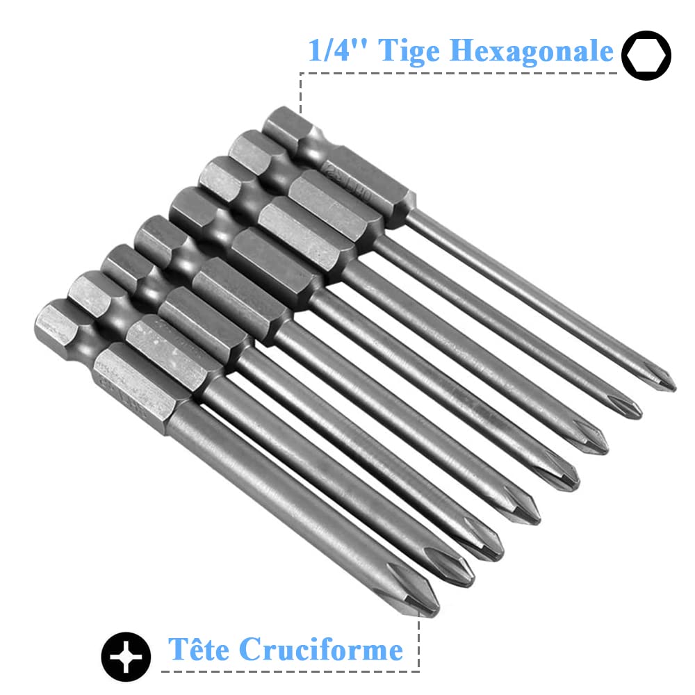 Visseuse A Placo Mesee Lot De 8 Embouts De Tournevis Cruciformes Magnétiques à Tige Hexagonale De 6,35 Mm, Ensemble D'Embouts De Tournevis à Tête Phillips Embout Vissage Croix PH0 PH1 PH2 En