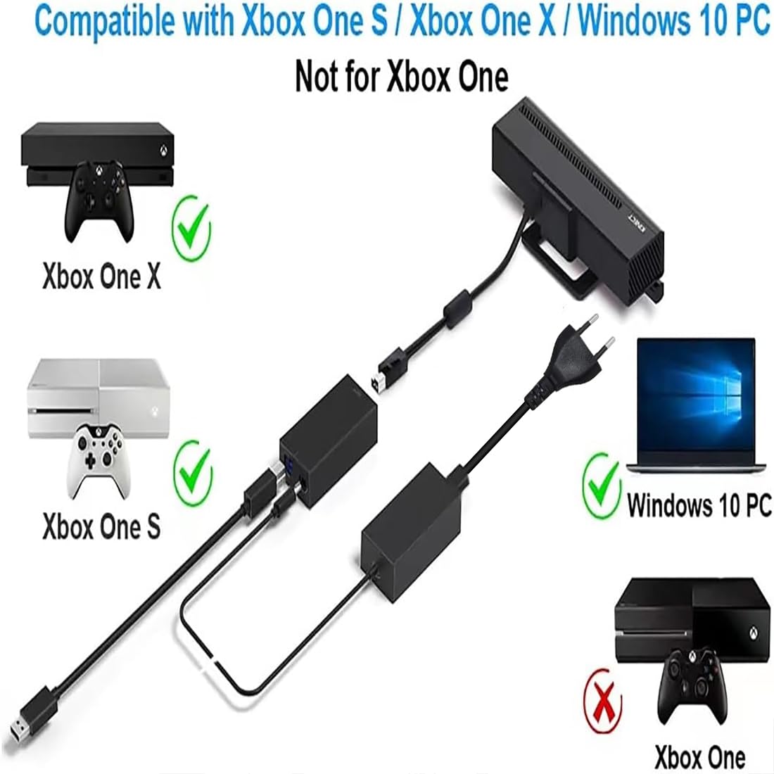 Kinect - Alimentatore di rete per Xbox One X/S e Windows 8/8.1/10 PC con spina EU