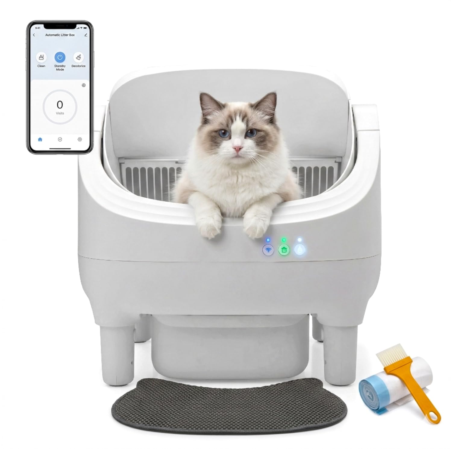 Coziwow Smart Open Top Automatic Litter Box, Self Cleaning Cat Litter Box with App Control & Odor Isolation, Cat Litter, Large Capacity for Multiple Cats, Includes Trash Bags & Cat Litter Mat