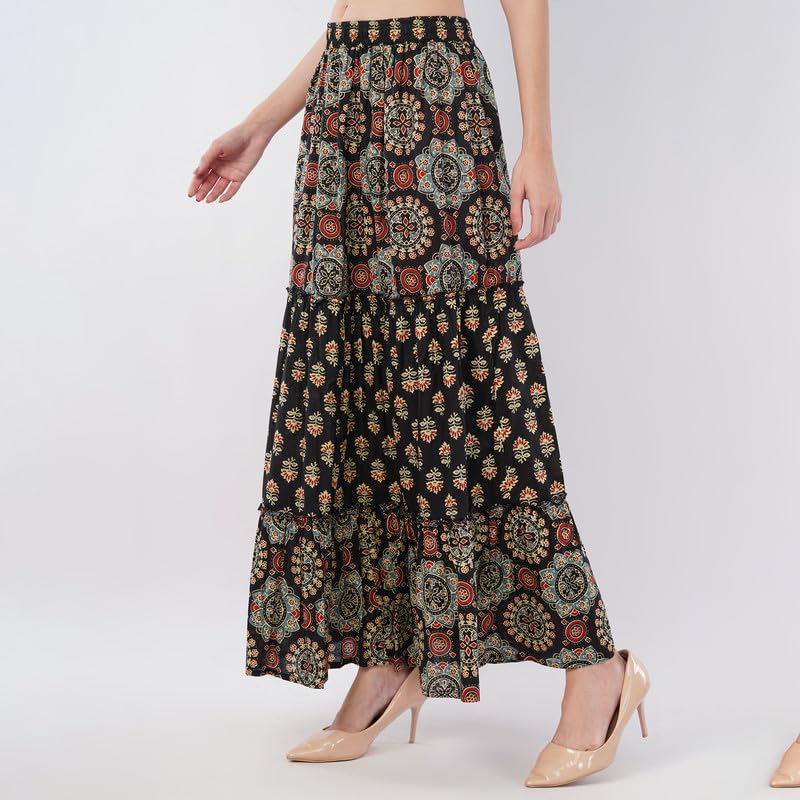 Rabhika Women’s Black Patterned Pure Cotton Tiered Maxi Skirt, Lightweight Breathable Fabric, Stylish Everyday Outfit| XL 2