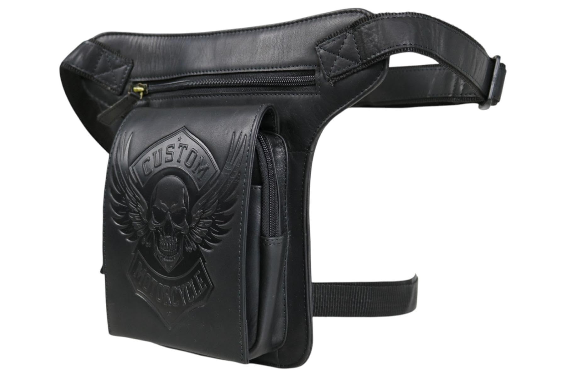 Borsa da gamba moto vera pelle uomo marsupio biker vintage teschio Custom Motorcycle MDM T81 Nero