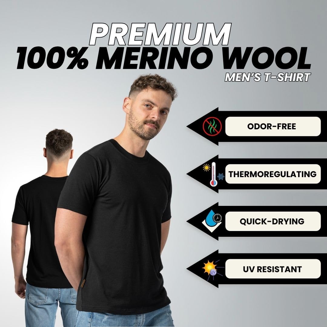 menique Camiseta de manga corta para hombre, 100 % merino, camiseta térmica ligera para hombre, capa base, transpirable, cuello redondo, para viajes al aire libre y senderismo