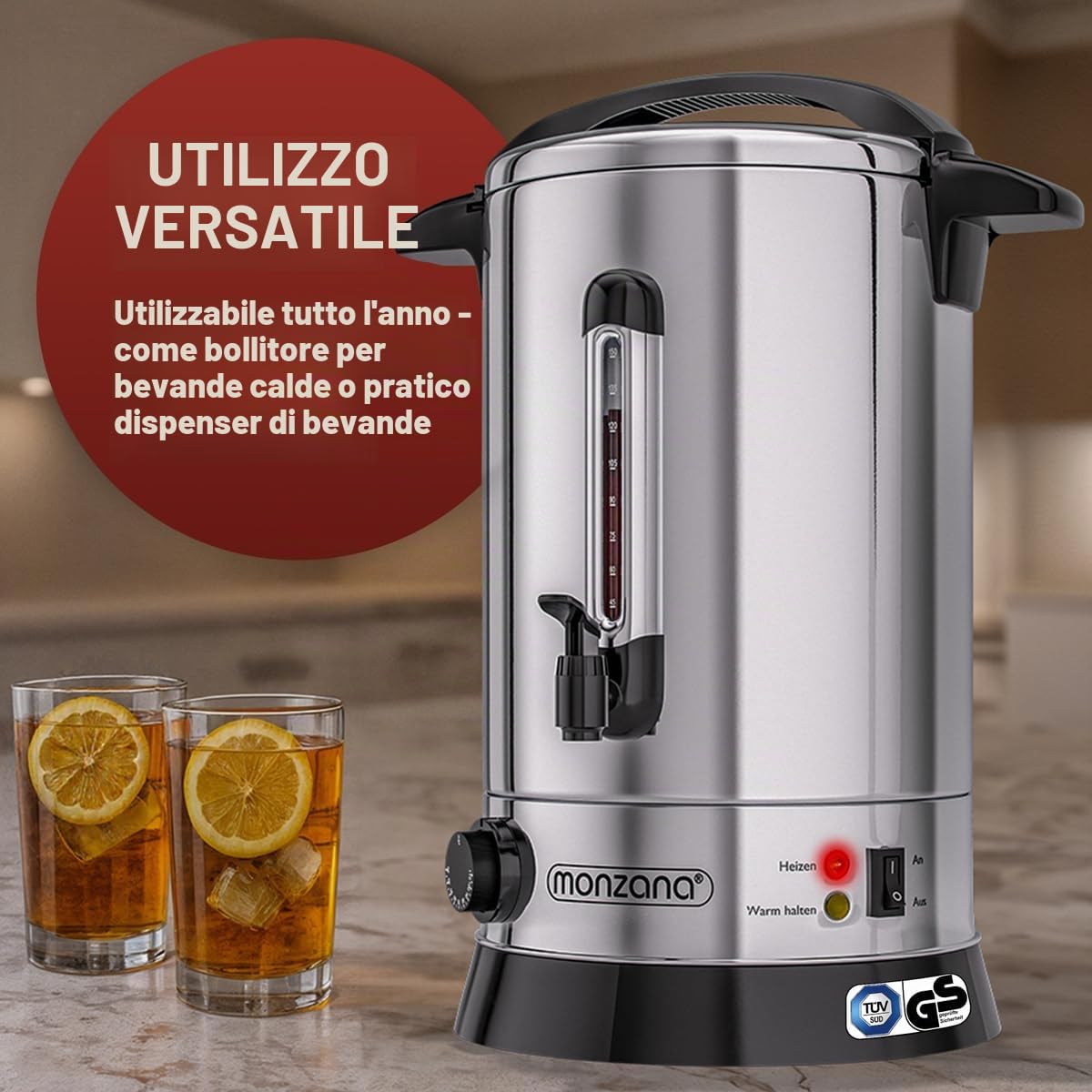 MONZANA® Bollitore per Vin Brulé 20L con Rubinetto 90 Tazze Acciaio Inox Regolazione 30-110°C Erogatore Bevande Calde Punch