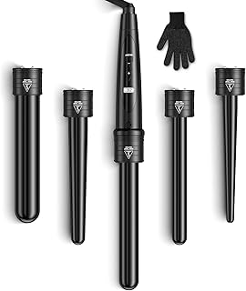 CITHOT Curling Wand Iron Set, 5 in 1 Instant Heat Up Hair Curler with 0.35 to 1.25 Inch Interchangeable Ceramic Barrels 31 Heat Settings LCD Display Temperature Control Heat Protective Glove Black