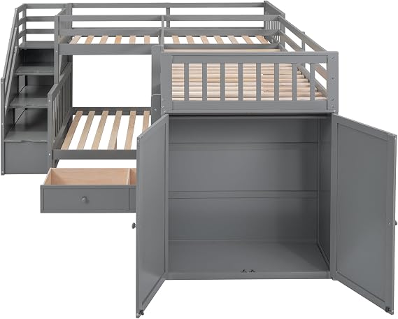 Twin Twin Over Full L Shaped Bunk Bed with 3 Drawers, Portable Desk and Wardrobe, Gray