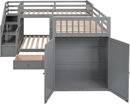 Twin Twin Over Full L Shaped Bunk Bed with 3 Drawers, Portable Desk and Wardrobe, Gray