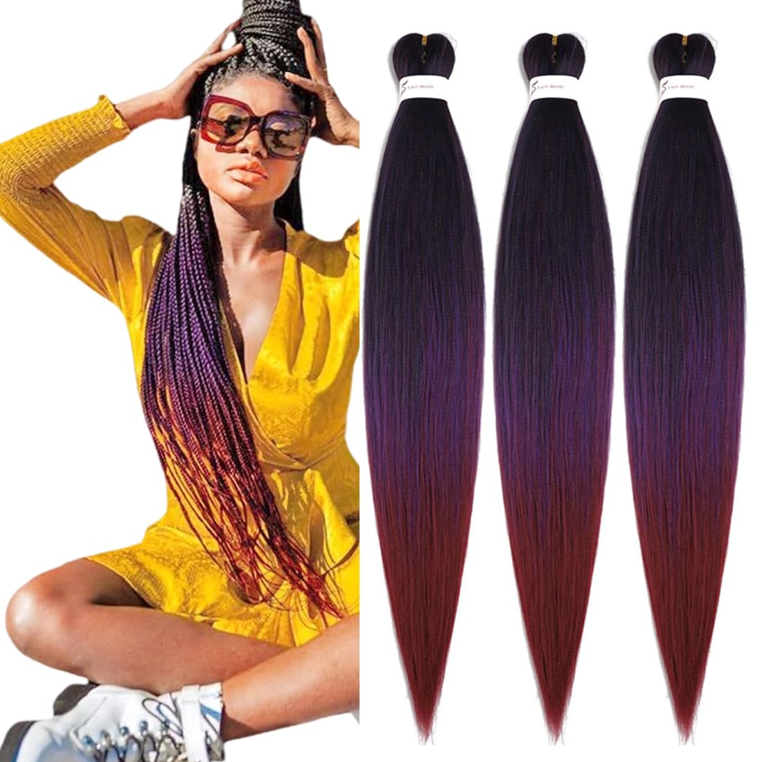 Pre Stretched Braiding Hair Extensions 3 Packs 30 Inch Black Purple Burgundy Ombre Braiding Hair Synthetic Braids Hair Extension for Women Hot Water