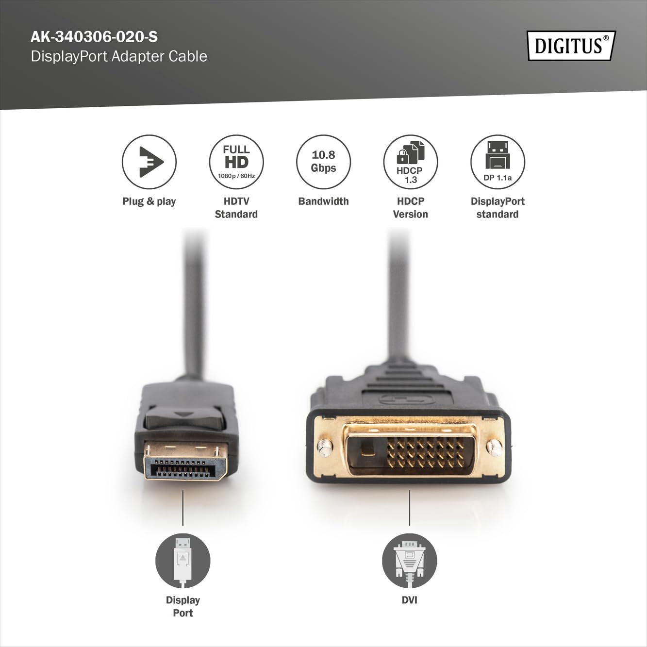 DIGITUS Cavo adattatore DisplayPort - DP a DVI (24+1) - Full-HD 1080p/60Hz - Displayport 1.1a - 2,0 m - con chiusura - adatto a monitor, schede grafiche - nero