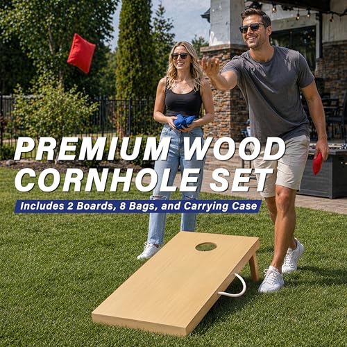 Image of GoSports 4 x 2 ft Classic Wooden Cornhole Board Set - Portable Bean Bag Toss Game for Adults & Family - Includes Set of 8 Bean Bags with Tote Bag