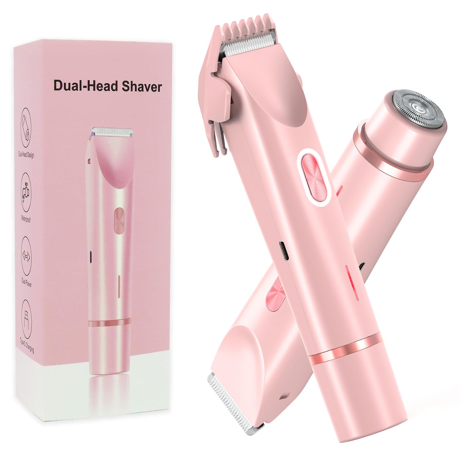 2 in 1 Bikini Trimmer for Women Dual Head Shaver Electric Razors Lady Pubic Hair, Ipx7 Waterproof Bikini Underarm Arm Leg Face Body Pink