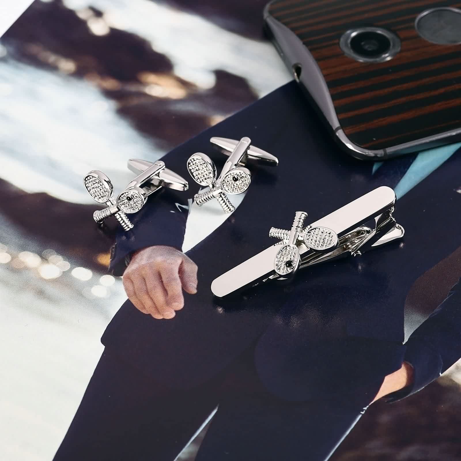 Set di gemelli e cravatte, fermacravatta Groomsmen argento acciaio inossidabile racchetta da tennis classico smoking accessori sposo regalo del papà, Senza pietre preziose