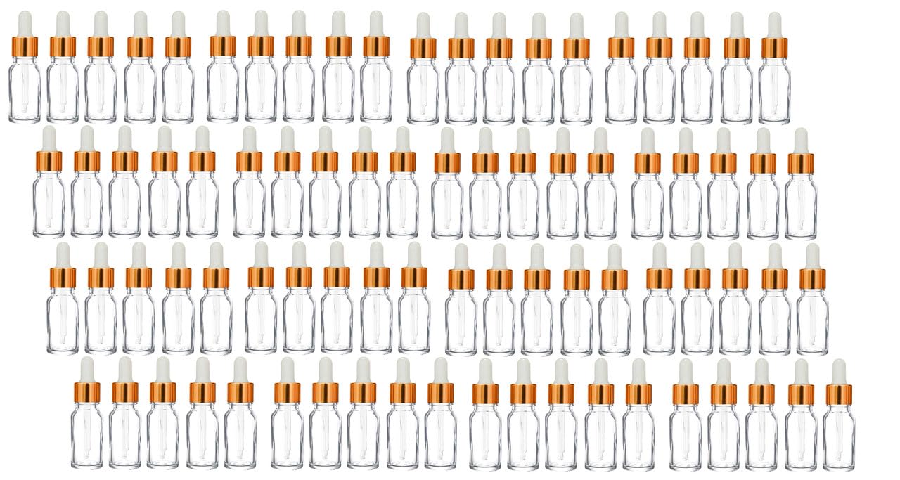 10 ml Clear/Transparent Round Empty Glass Bottle/Glass Dropper/Golden Ring/Silicon White Teat, Refillable, For Essential Oils, Perfumes (Pack Of 80)