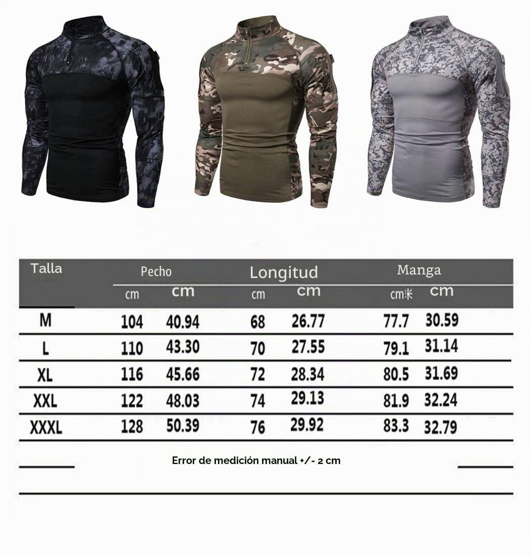 Camisa táctica de manga larga con cremallera 1/4 para hombre, estilo militar, camisa de combate con bolsillos, airsoft, caza, camping