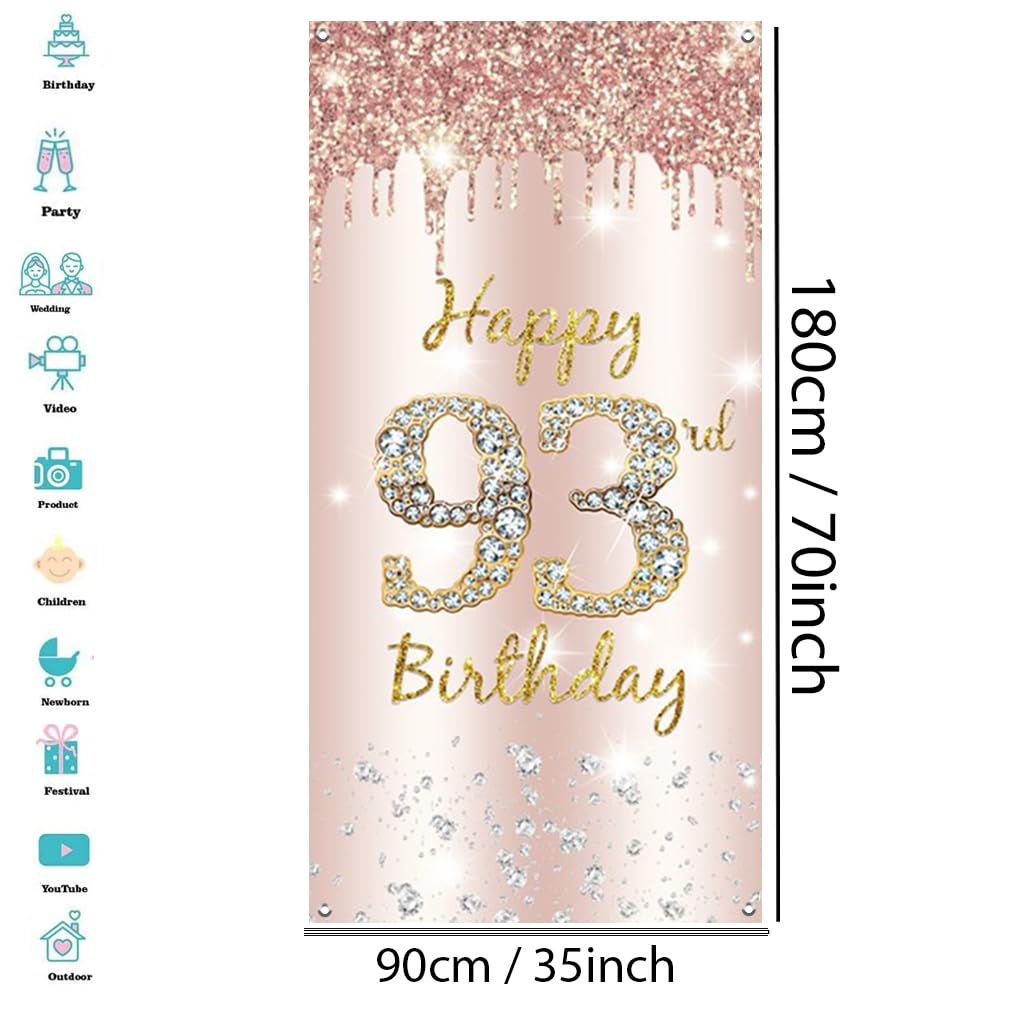 93. urodziny dekoracja damska, Happy 93rd Birthday Door Banner różowe złoto, 93. urodziny tkanina tabliczka plakat dekoracja drzwi, 93. urodziny tło baner damski, przyjęcie urodzinowe tabliczka