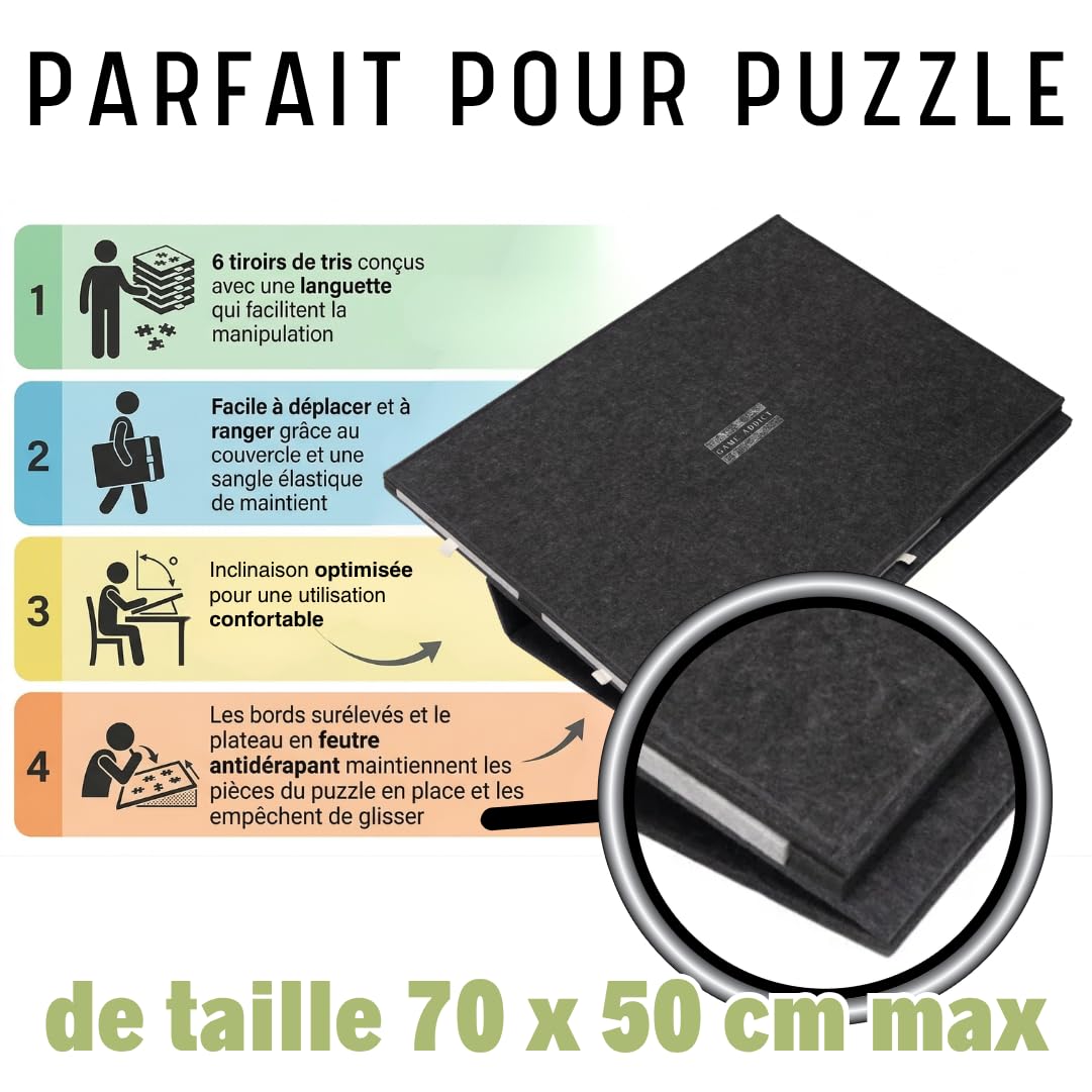 Table Puzzle avec 2 Tapis de Jeux-Échecs Dames Backgammon Cartes-Support en Feutre Inclinable avec Bordures, 6 Tiroirs de Rangement, Fermeture par Couvercle et Sangle pour Puzzle Jusqu’à 1000 Pièces