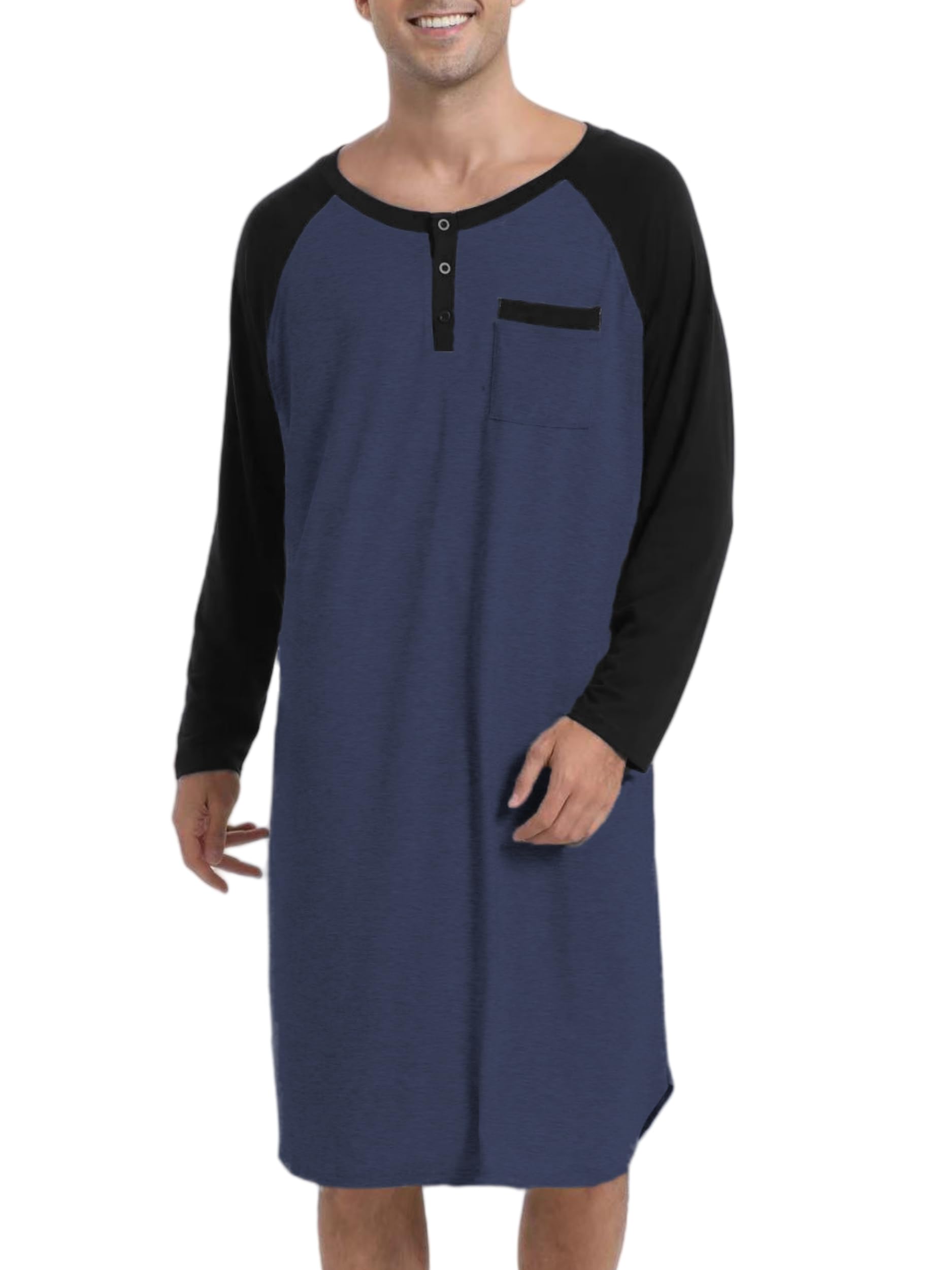 Enjoyoself Herren Nachthemd Langarm Baumwolle Langes Schlafshirt Leicht Luftig Pyjamaoberteil Nachtwäsche für Krankenhaus