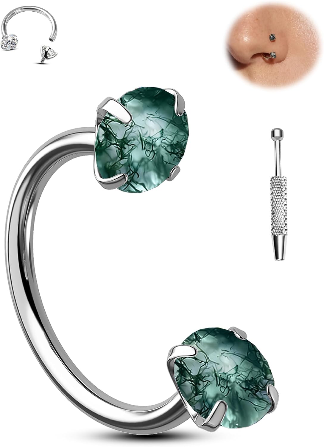 Jewseen Titanium Horseshoe Nose Ring 18G Double Gem Nose Ring for Women 6MM/7MM/8MM Internally Threaded Lip Septum Piercing Jewelry Horseshoe Helix/Daith/Tragus Earring for Women