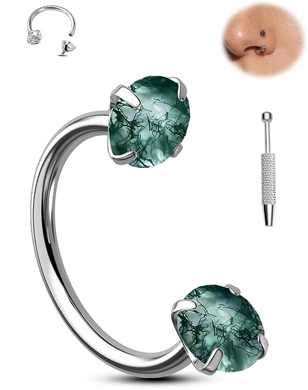 Jewseen Titanium Horseshoe Nose Ring 18G Moss Agate Nose Ring for Women 7MM Internally Threaded Horseshoe Septum Piercing Jewelry Surgical Steel Lip Piercing Jewelry Hoop for Women by Jewseen - Used condition - US$7.64