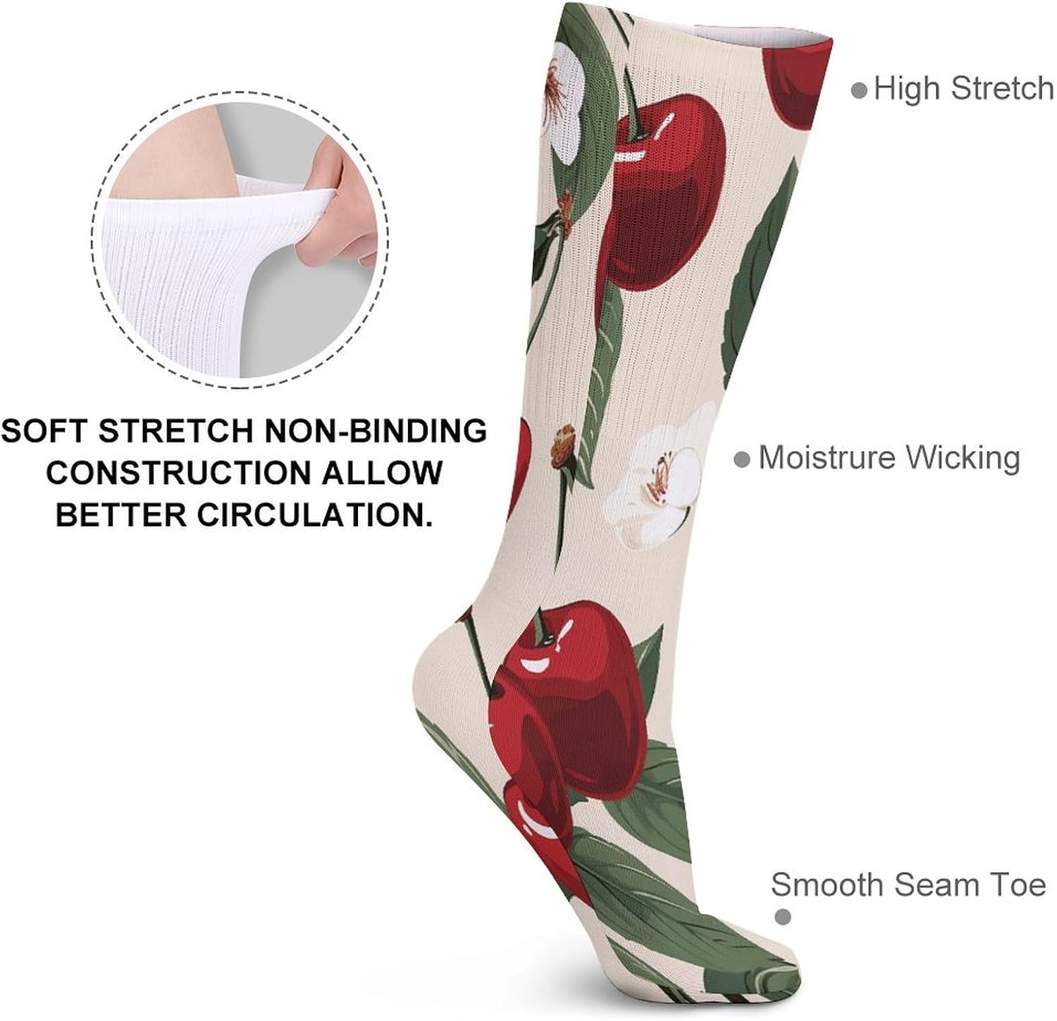 Red Cherry Pattern Knee High Socks Cozy Knee High Socks Soft Mid-Length Sock for All Seasons Daily Wear Adult